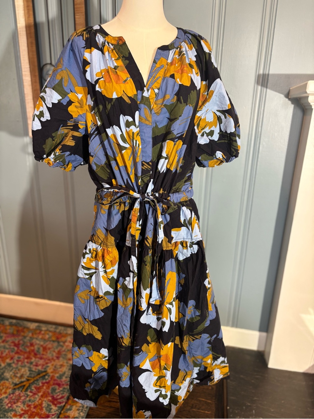 EUC Women's Cottage Core Floral Midi Dress V-Neck Cotton Puff Sleeve Pockets XXL